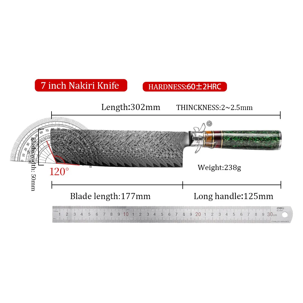 YAN  Damascus Steel Chef Kitchen Knife 67 Layers VG10 Core 7 Inch Nakiri Knife Composited Resin Chaff and Acrylic Handle