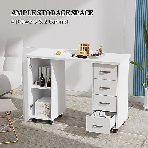 Manicure Table Nail Desk w/Cabinet, Drawers, Wheels & Wrist Rest, Spa Salon Beauty Home Wooden Technician Workstation