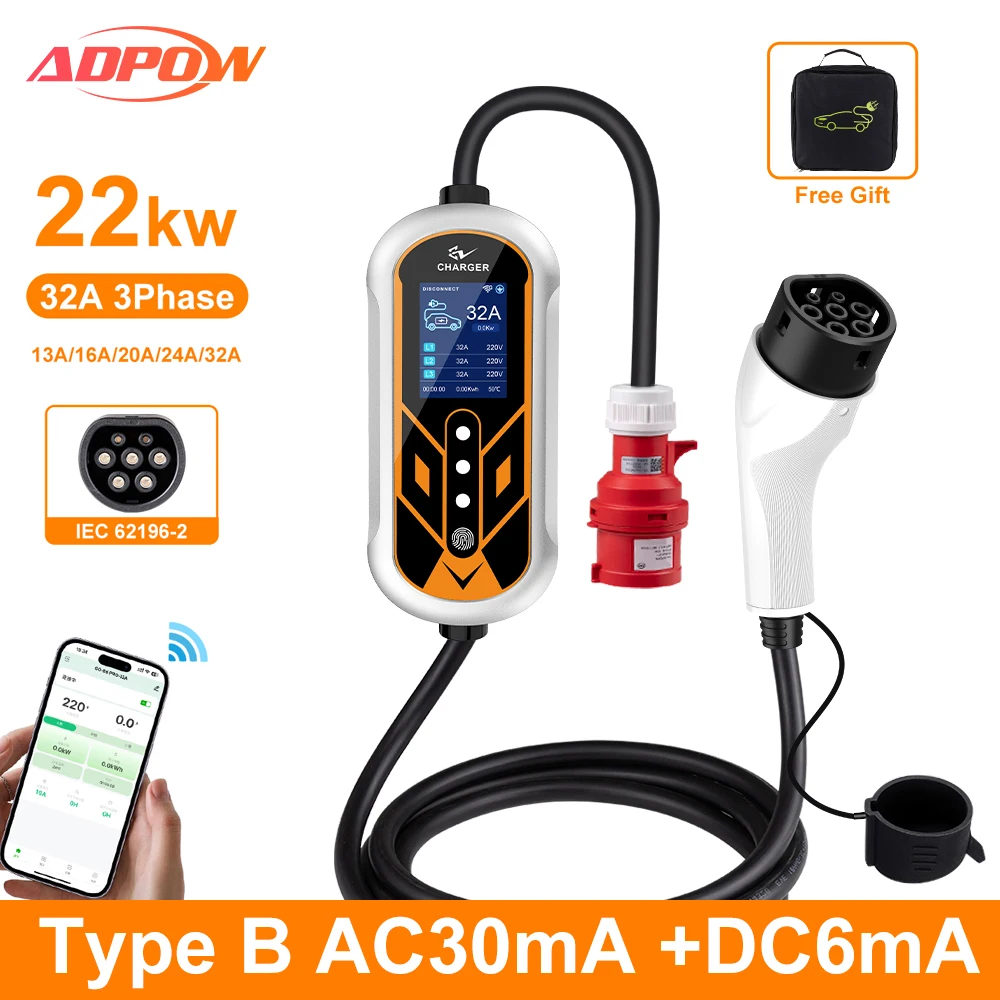 

ADPOW 32A Type2 EV Chargers 22KW 5Pins Red CEE Plug 5M Cable Adjustable Current EVSE WIFI APP Control EV Charging Accessories