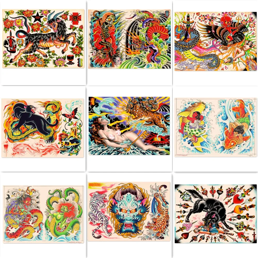 Retro Matte Kraft Print Art Sticker Home Decor Mural Dragon Tiger Bannuo Snake Ukiyo-e Tattoo Art Posters Wall Hanging Painting