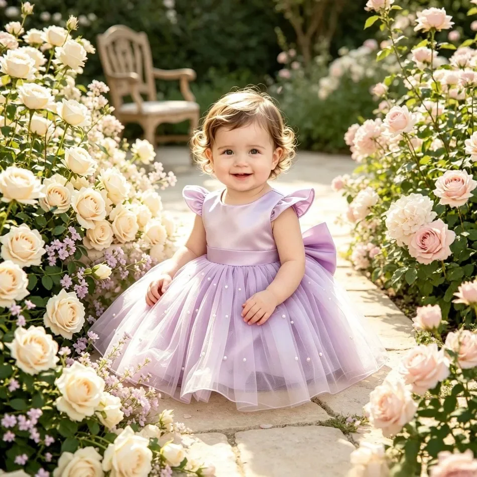 Baby Girls Lavender Satin Princess Dress Pearl Tulle Tutu Gown Toddler Big Back Bow Elegant Birthday Baptism Party Dress ZD36