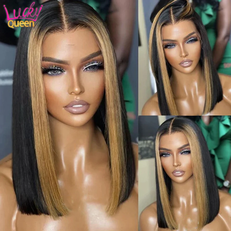 

Highlight Blonde Straight Hair Bob Wigs 1B/27 13x4 Transparent Lace Frontal Human Hair Wig Short Bob Wig For Woman 180 Density