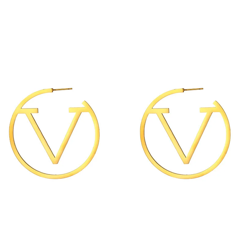 Big V Letter Titanium Steel Hoop Earrings 18K Gold Plated Waterproof Low Allergy Jewelry Suitable for Women Ladies Girls Friends