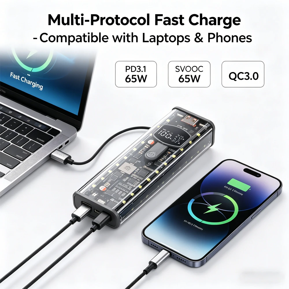 PD 65W 45W Fast Charging 18650 Battery Box Transparent Power Bank Case Solderless Digital Multi Fast Charge Protocol DIY Shell