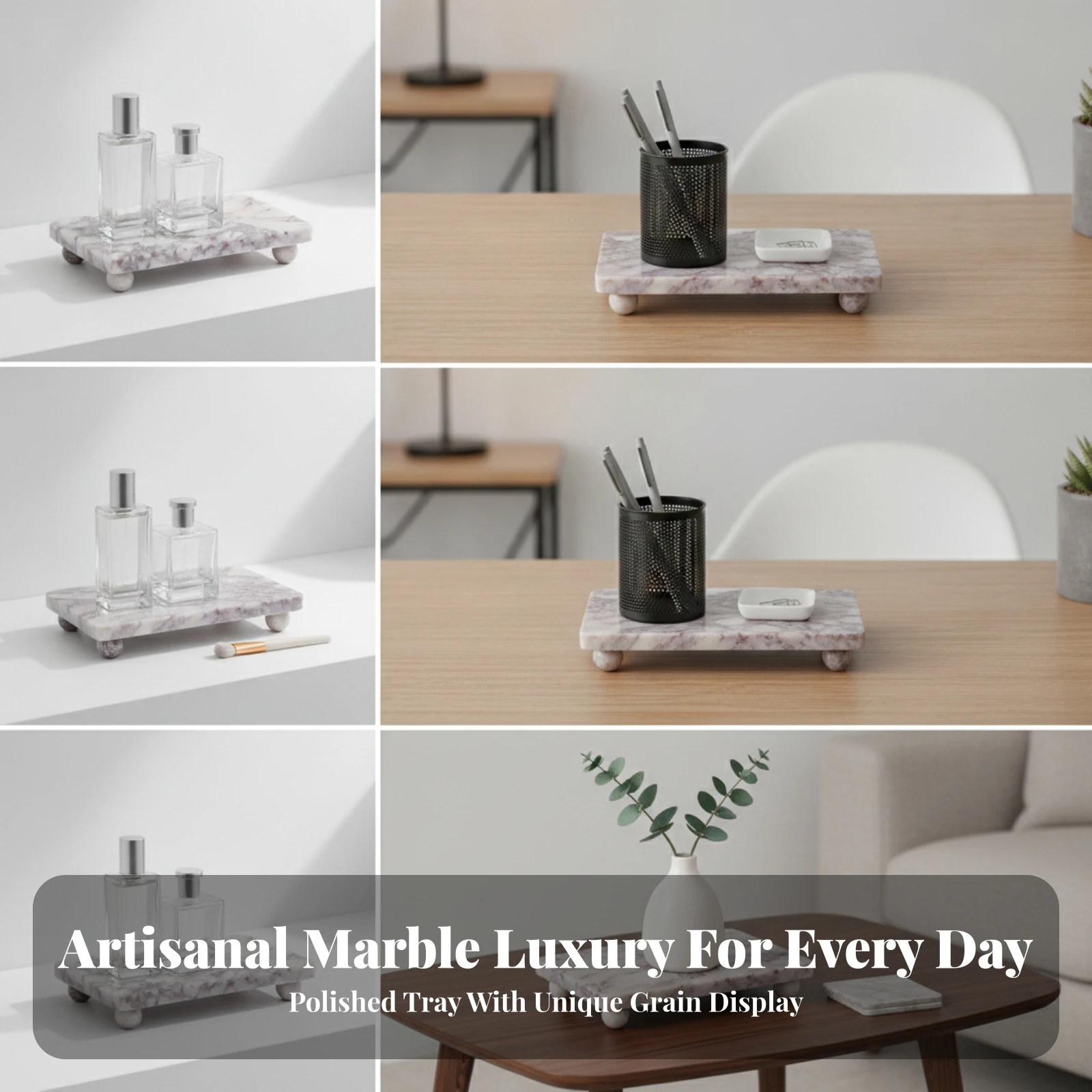 Marble Tray with Feet Raised Marble Vanity Tray Decorative Stable for Bathroom, Dresser