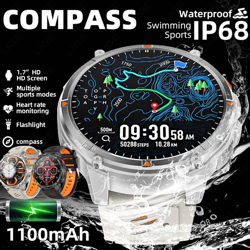 

LIGE 1100mAh Battery Sports Smart Watch Fitness Tracker Heart Rate Monitor Men Compass Flashlight Bluetooth Call Smartwatch 2026