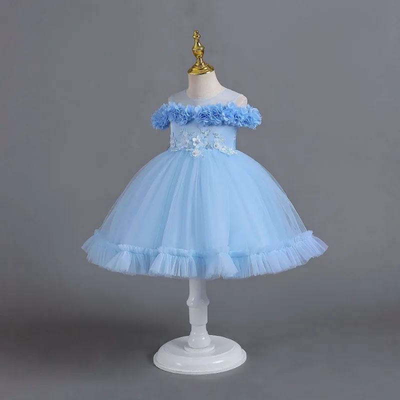 Children's Puffy Yarn Dress Petal Princess Girl Baby One Year Old Dress Floor-Length O-Neck Ball Gown Flower Girl Dresses 2-5