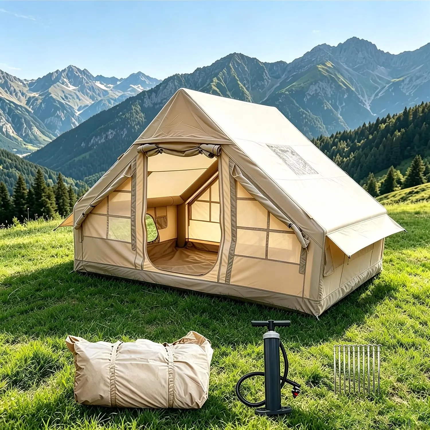 Inflatable Camping Tents Hand Pump Air Glamping Tents Easy Setup Waterproof Windproof Blow Tent 4 Seasons Oxford Cabin Tent Mesh