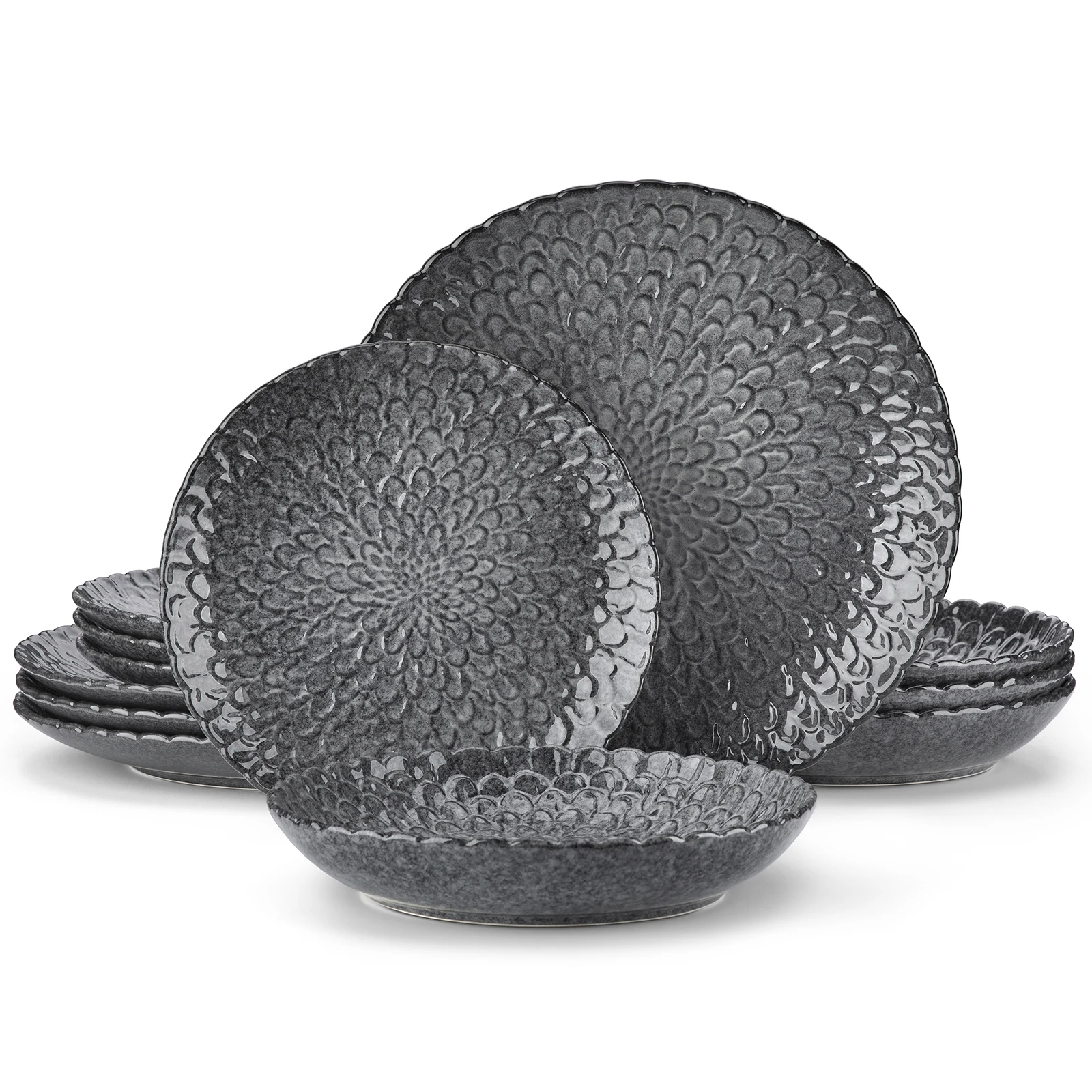 VANCASSO Chrys Grey Dinnerware Ceramic12/24 Piece Stoneware Dinnerware Textured Ceramic Combination Set Service for 6/12 Person