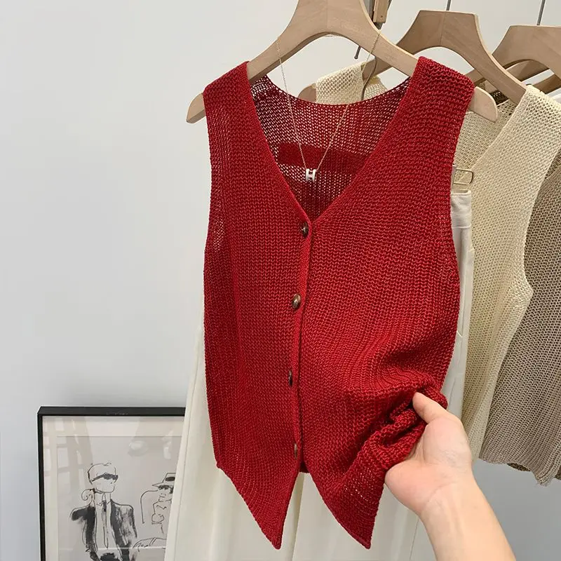 Summer Women Temperament V-neck Tank Vest Hollow Out Sleeveless Retro Buttons Cardigan Tees Loose Outerwear Office Lady Tank Top