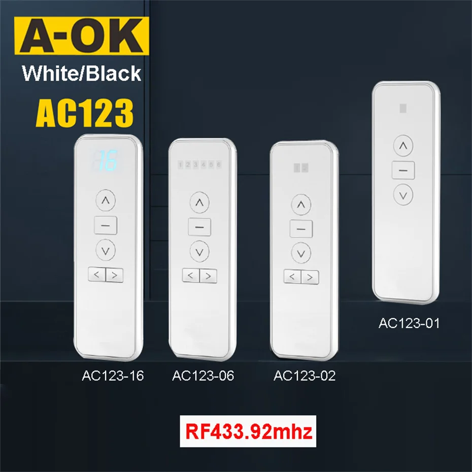 A-OK AC123 1/2/6/16-CH Remote Controller RF433 Wireless Control Transmitter for A-OK Electric Curtian Motor,Black/White Color A-OK AC123 1/2/6/16-CH Remote Controller RF433 Wireless Control Transmitter for A-OK Electric Curtian Motor,Black/White Color