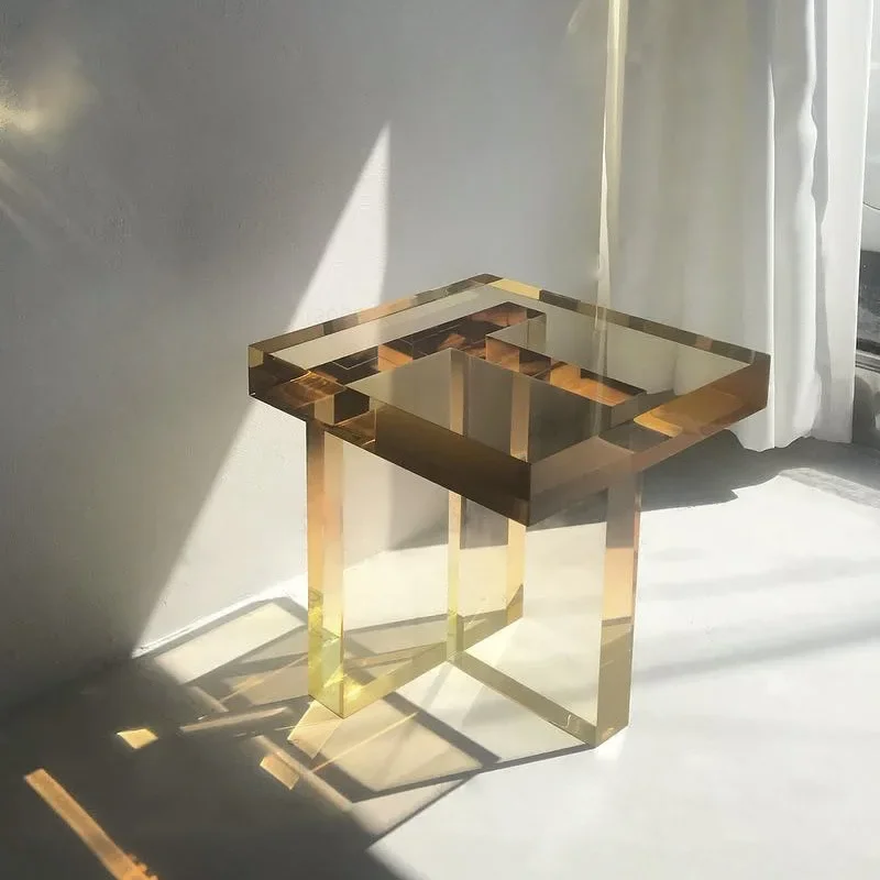 

Nordic dark brown gradient small coffee table luxury modern villa reception acrylic simple square gold edge tables.