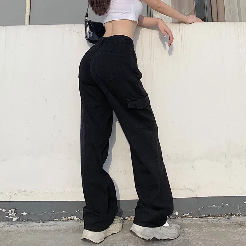 

High Waisted Casual Jeans for Women, Vintage Cargo Pants, Loose Overalls, Wide Leg Pocket, Monochromatic, White, Blue, Fashion