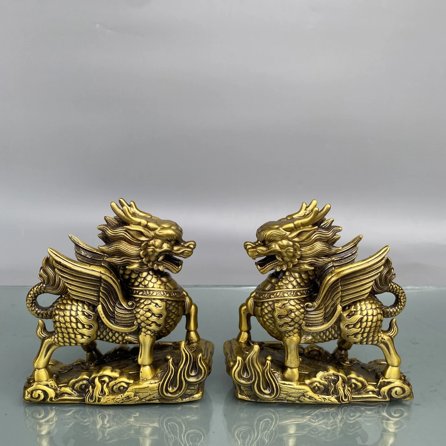 Brass Kirin Statue mythical beast A Pair Flame base Five Elements Qilin Flying Qilin Amass wealth Ornaments