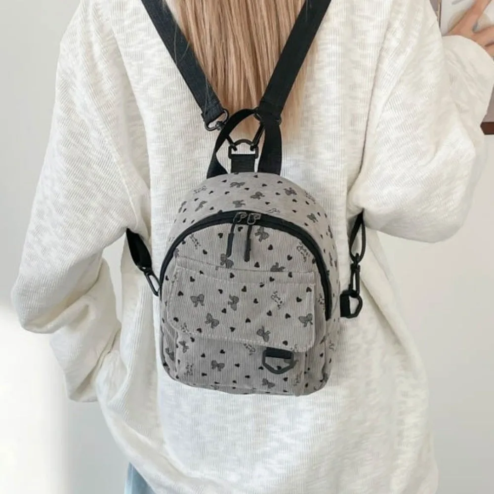 Sweet Corduroy Mini Backpack Lightweight Heart Bow Print Shoulder Bag Zippered Opening Multi-compartment Casual Backpack Travel