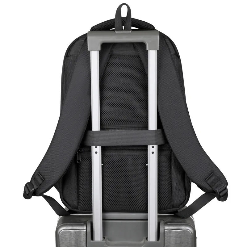 

Black business laptop backpack with USB charging port mesh side pockets multi compartment design suitable for office work