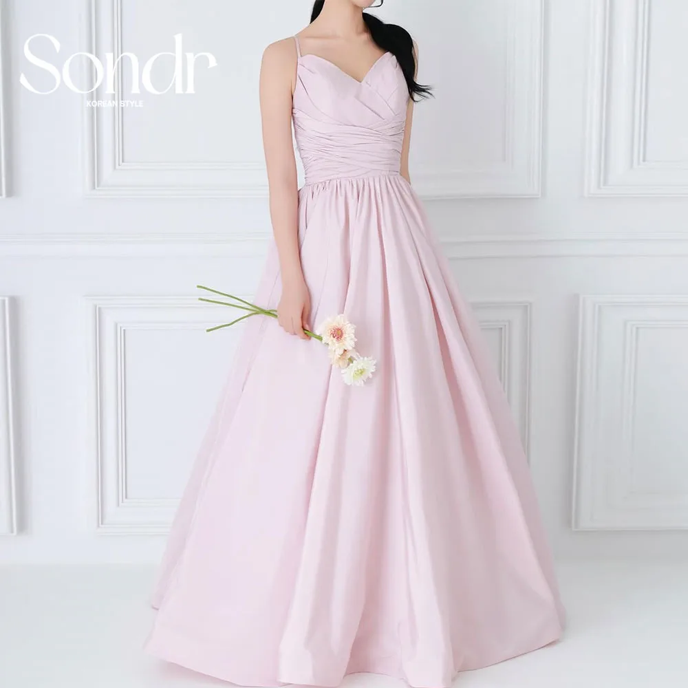 

Sondr Pink Korean Evening Dresses Taffeta Spaghetti Straps Corset Back Prom Party Gown Customized Bride's Wedding Snap Dresses