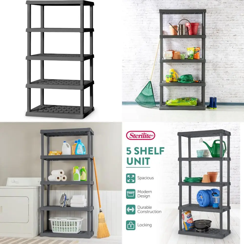 

Multipurpose Heavy-Duty Plastic Storage Shelving Unit, 5-Tier Home and Garage Organizer Rack, Space-Saving Gray Shelves