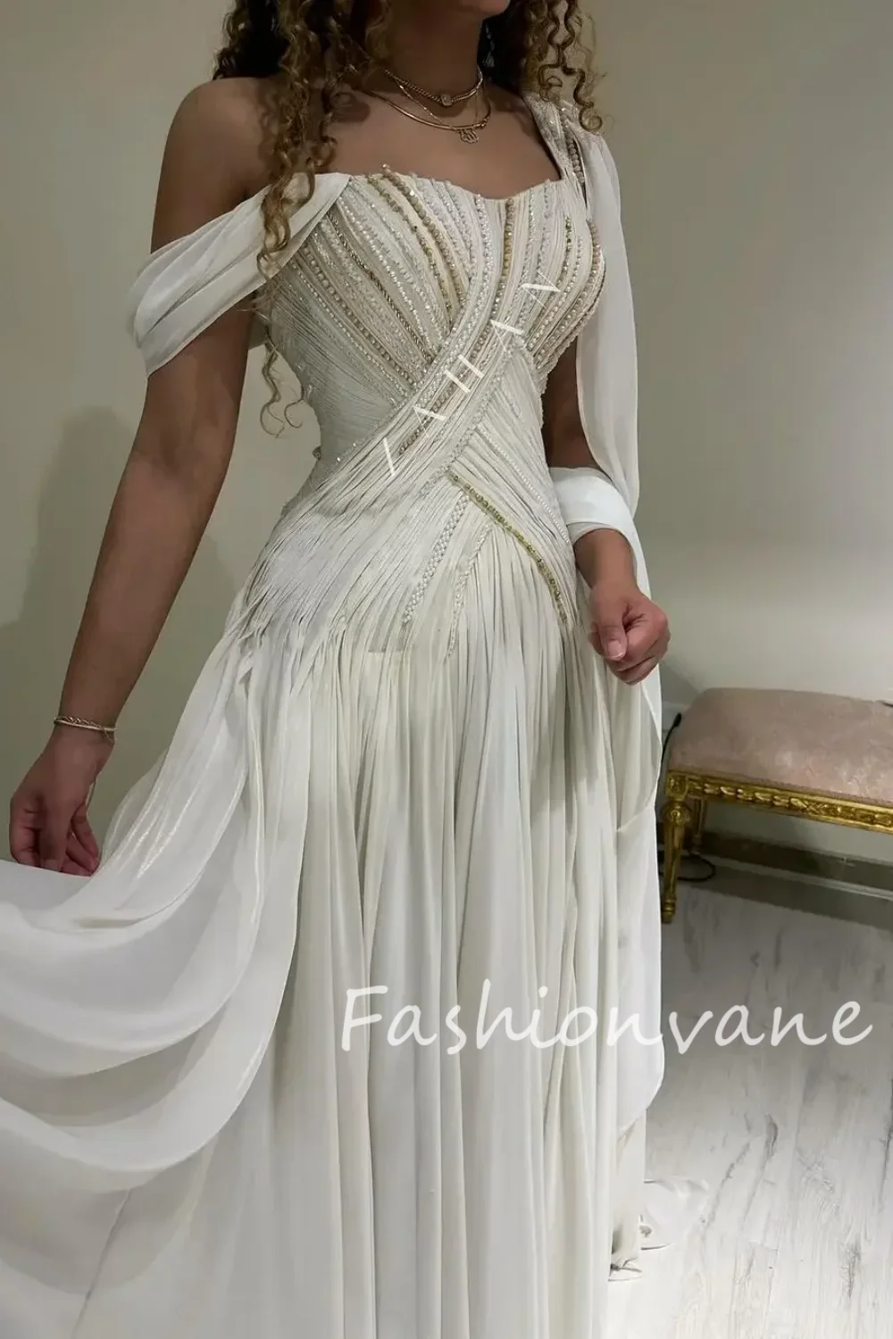 Fashionvane 2024 Customized A-Line Off Shoulder Sleeveless Pleated Beaded Floor Length Elegant Luxury Saudi Arabia Prom Dress