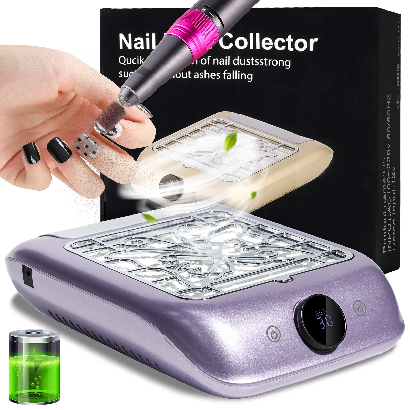 

Rechargeable Powerful Nail Dust Vacuum Collector Cordless Nails Dust Extractor With LED Display Adjustable Speed Manicure Tools