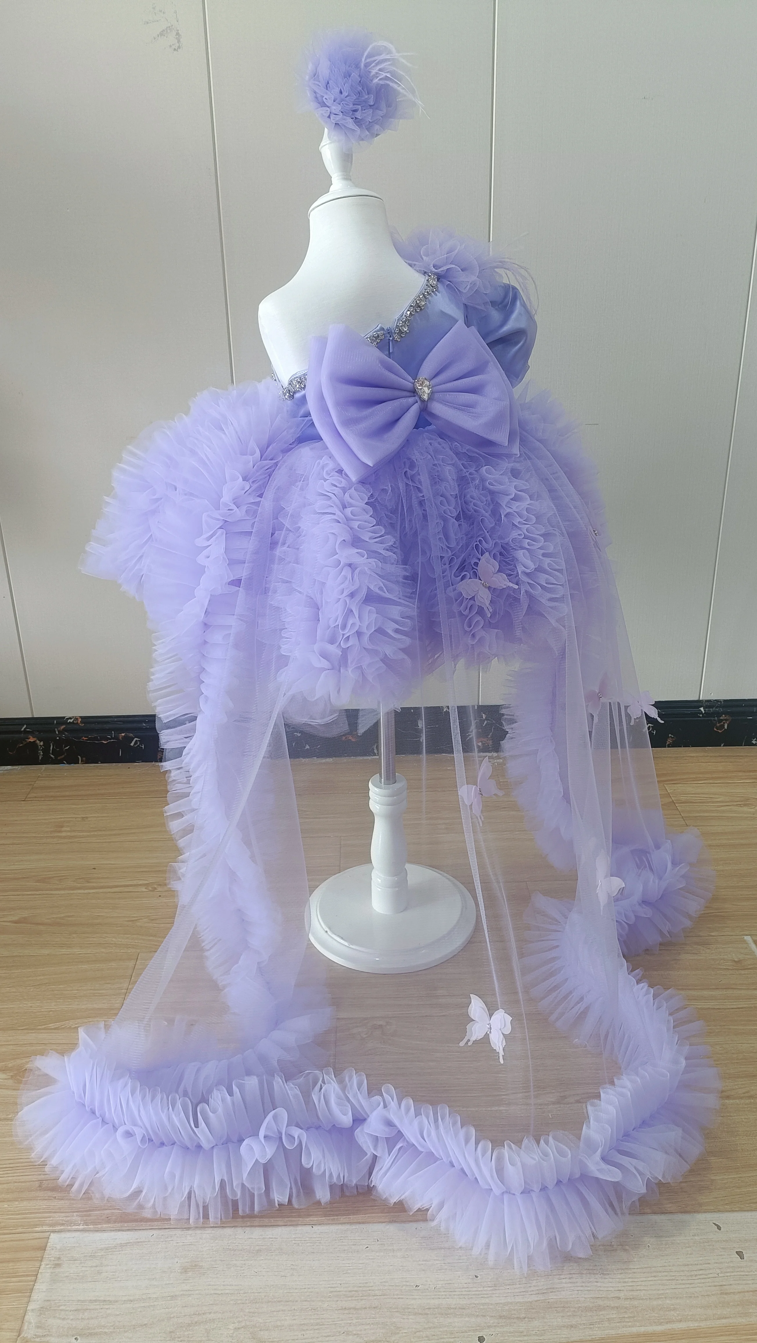 Blue Heavy Industry Light Luxury Girls Princess Dress One Shoulder Design Children's Stage Show Tail Dress