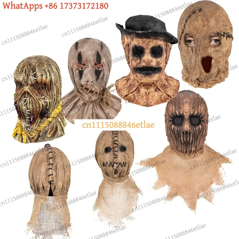 k3 Spooky Stitched Burlap Horror Latex Mask Full Face Scarecrow for Halloween Cosplay Escape Room NPC