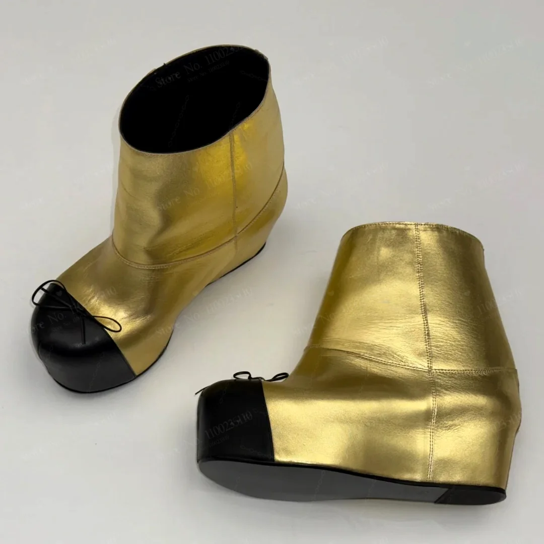 

Золотые ботильоны на платформе с металлическим рисунком, женские шикарные вечерние двухцветные туфли с круглым носком, женские новейшие ботинки без шнуровки с бантом для верховой езды