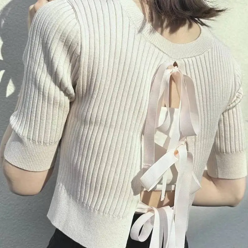 Back Streamer Strap Bow Front and Back Two Wear Solid Color Striped Five-quarter Sleeve Knitted Sweater