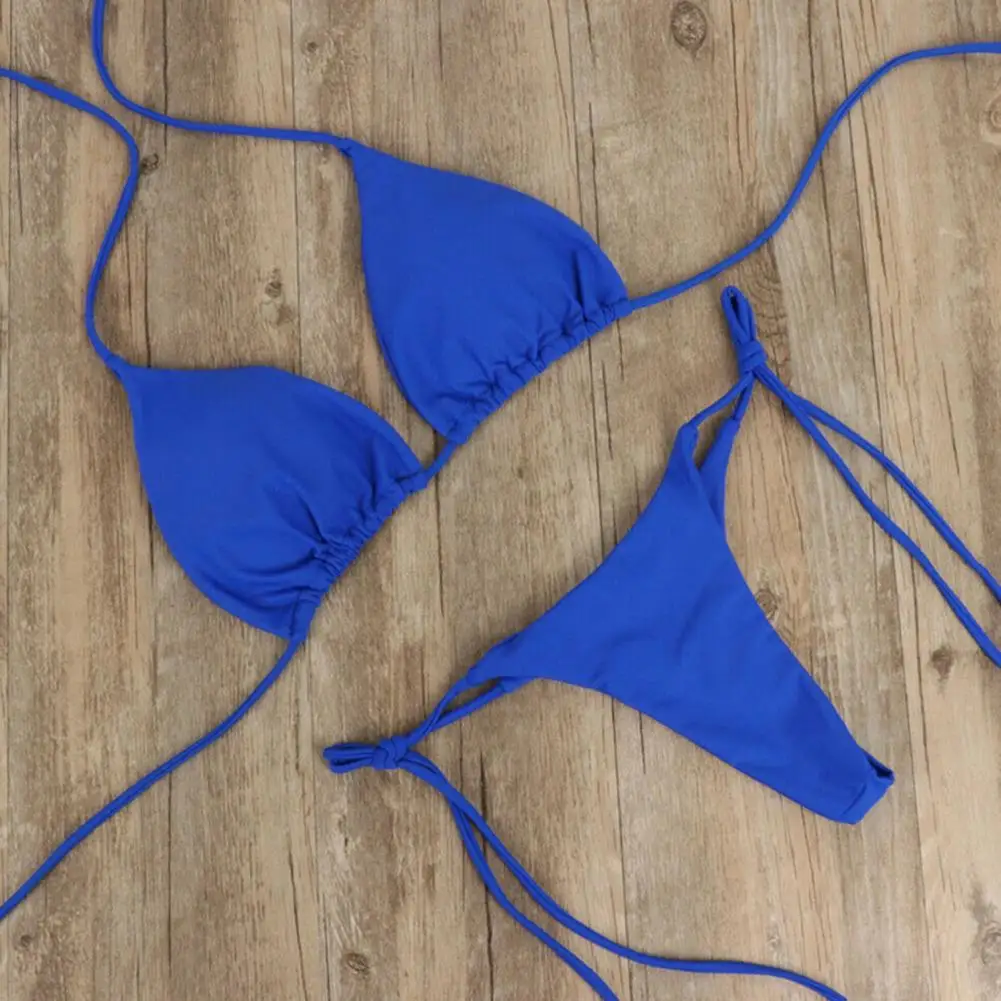 Conjunto de Bikini clásico para mujer, traje de baño de tres puntos, Color sólido, cuello Halter, correa, Tanga, playa, 2022