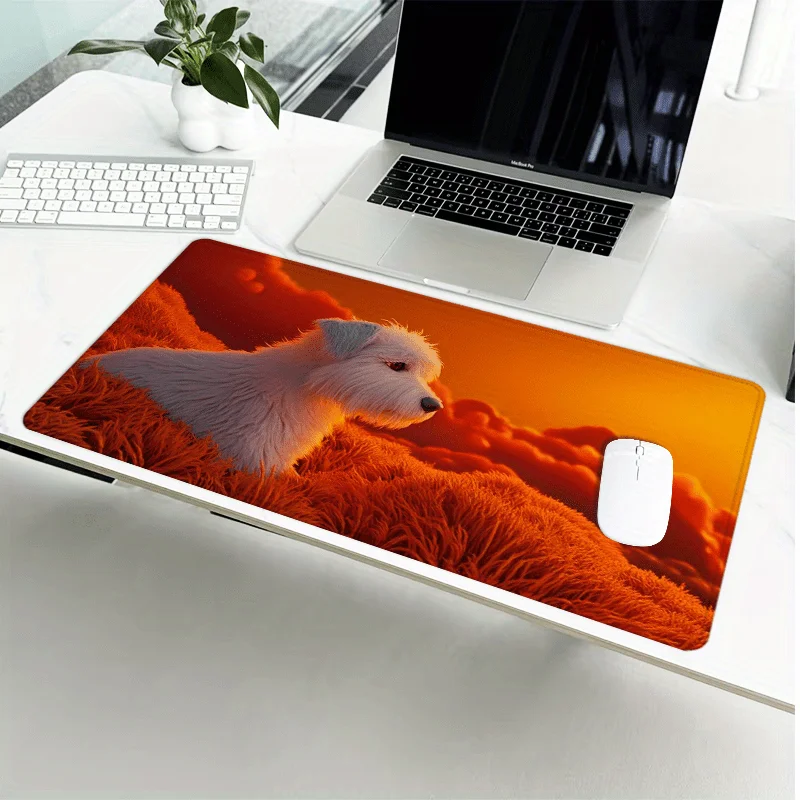 Tapis de souris extra-large au design artistique pour chien – Base en caoutchouc souple antidérapant, paysage rouge et orange vibrant avec chien blanc, 88,9 x 40,64