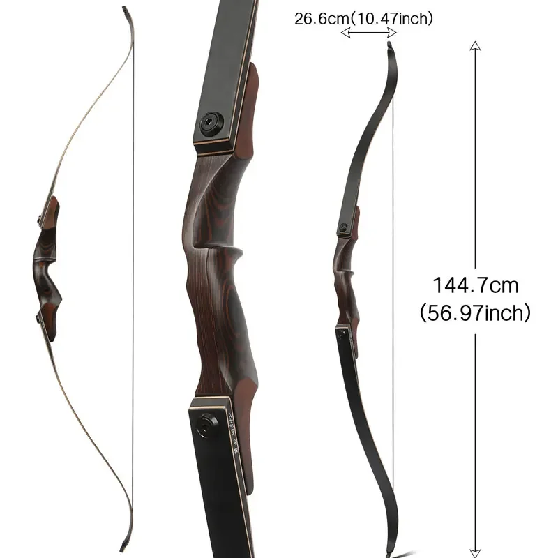 60 Inch Recurve Bow 25-60lbs American Hunting Bow Black Brown Archery Arrow Takedown Bow for Right Hand Shooting Target Pratice