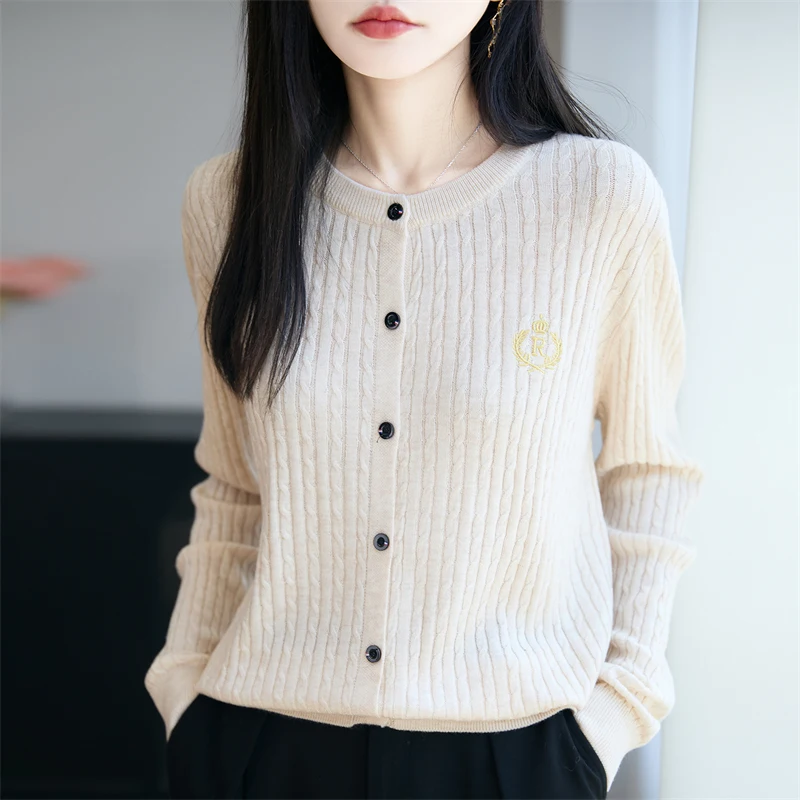 المرأة الملتوية زهرة مطرزة سترة جولة الرقبة واحدة الصدر محبوك سترة طويلة الأكمام تنوعا قمة الموضة