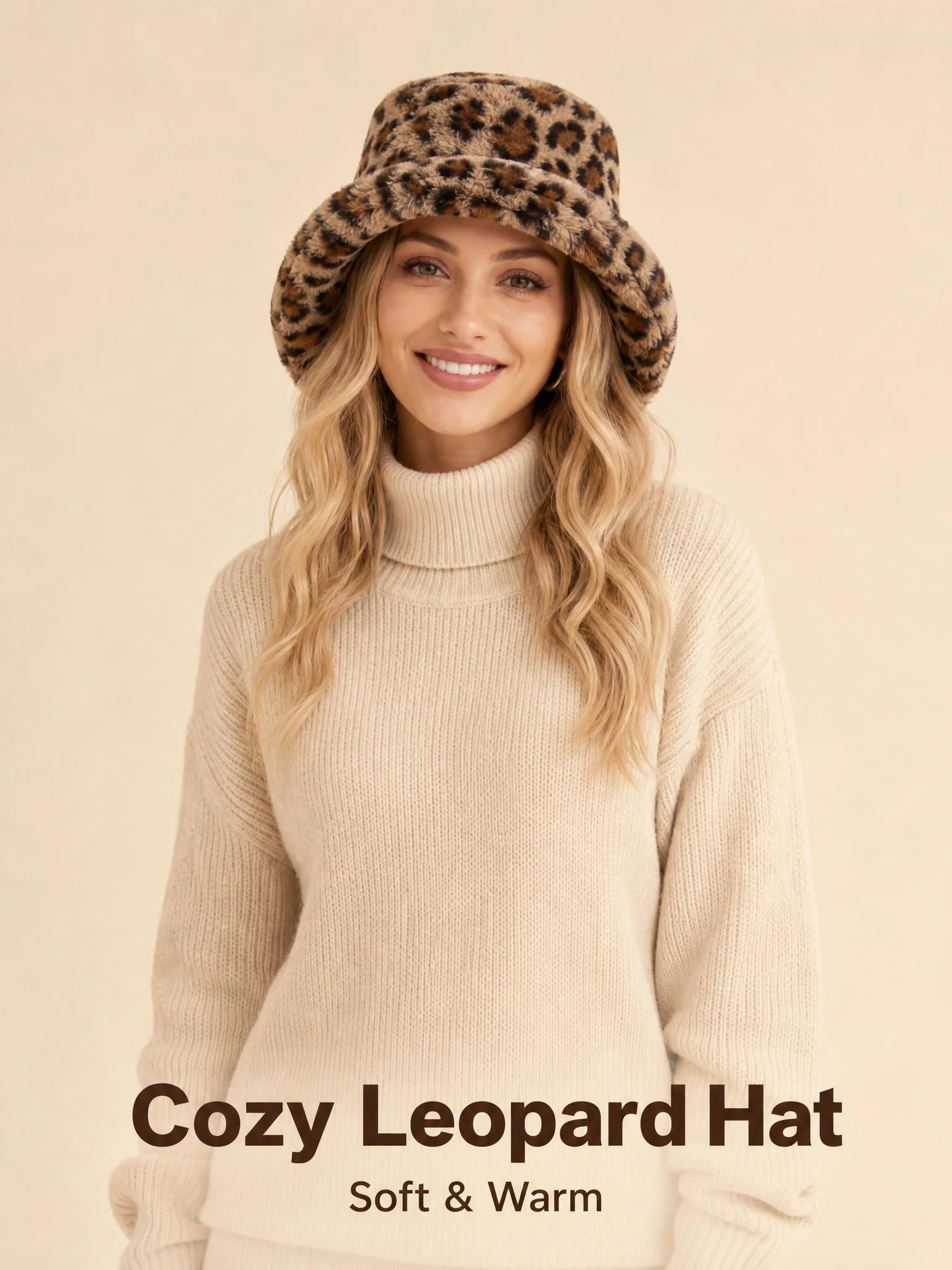 Vintage Leopard Print Fuzzy Plush Bucket Hat, Fall Winter Warm Fisherman Cap for Women