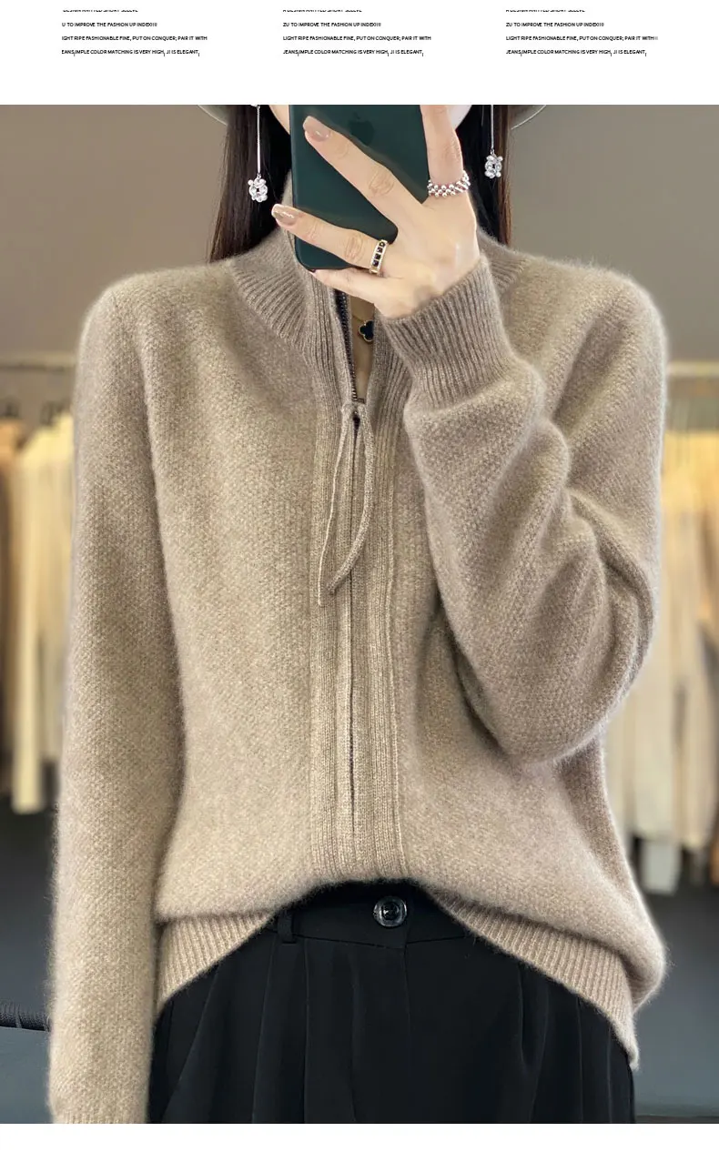 Autumn And Winter New Thick Two-Way Zipper Wool Cardigan Women's Loose Casual Sweater Solid Color Knitted Cashmere Coat