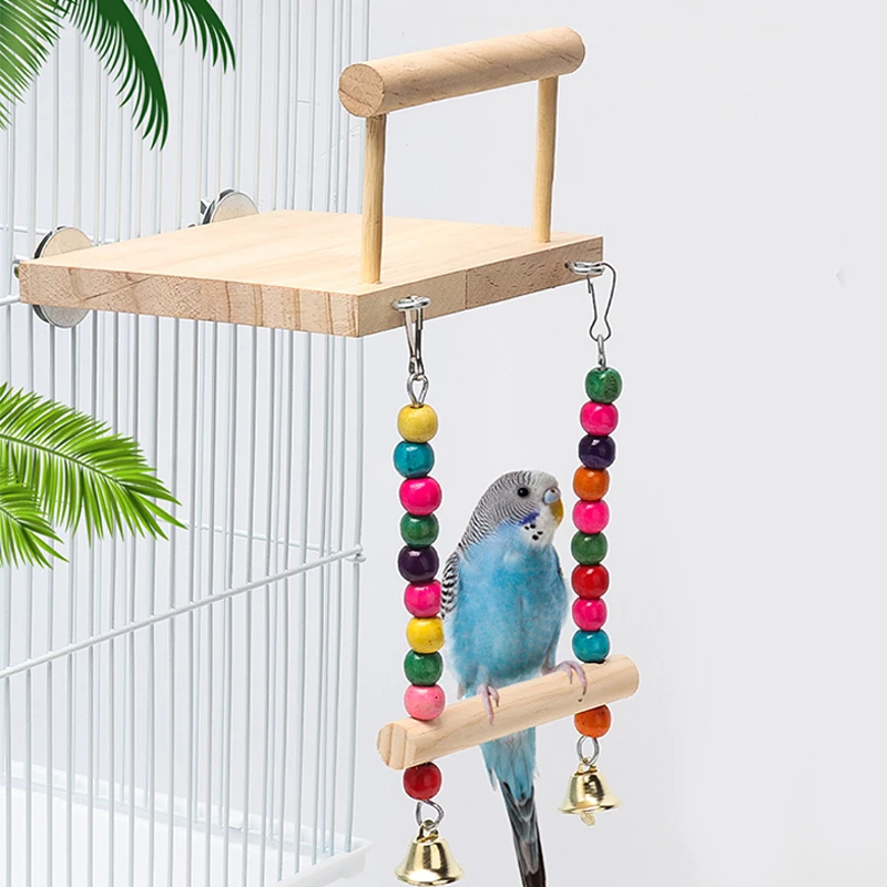 Bird Swing Toy Wooden Parrot Perch Stand Playstand with Chewing Beads Cage Playground for Budgie Birds