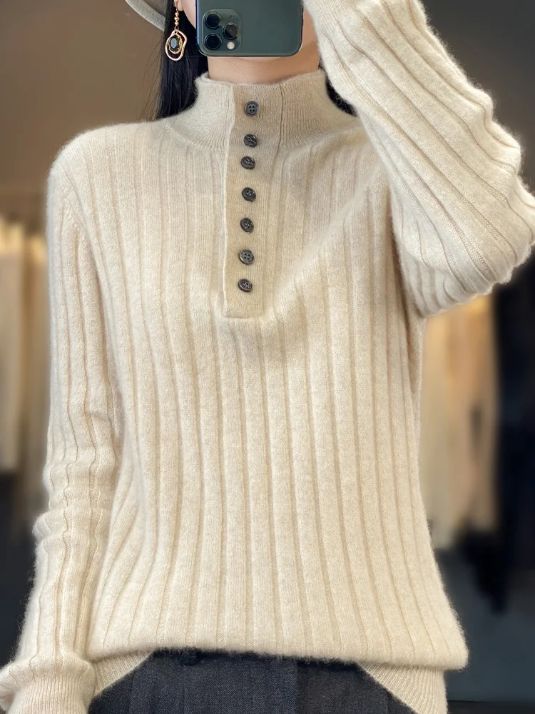 2024 High Quality Women Autumn Winter Casual Turn-down Collar Pullover Cashmere Sweater 100% Merino Wool Knitwear Clothing Tops