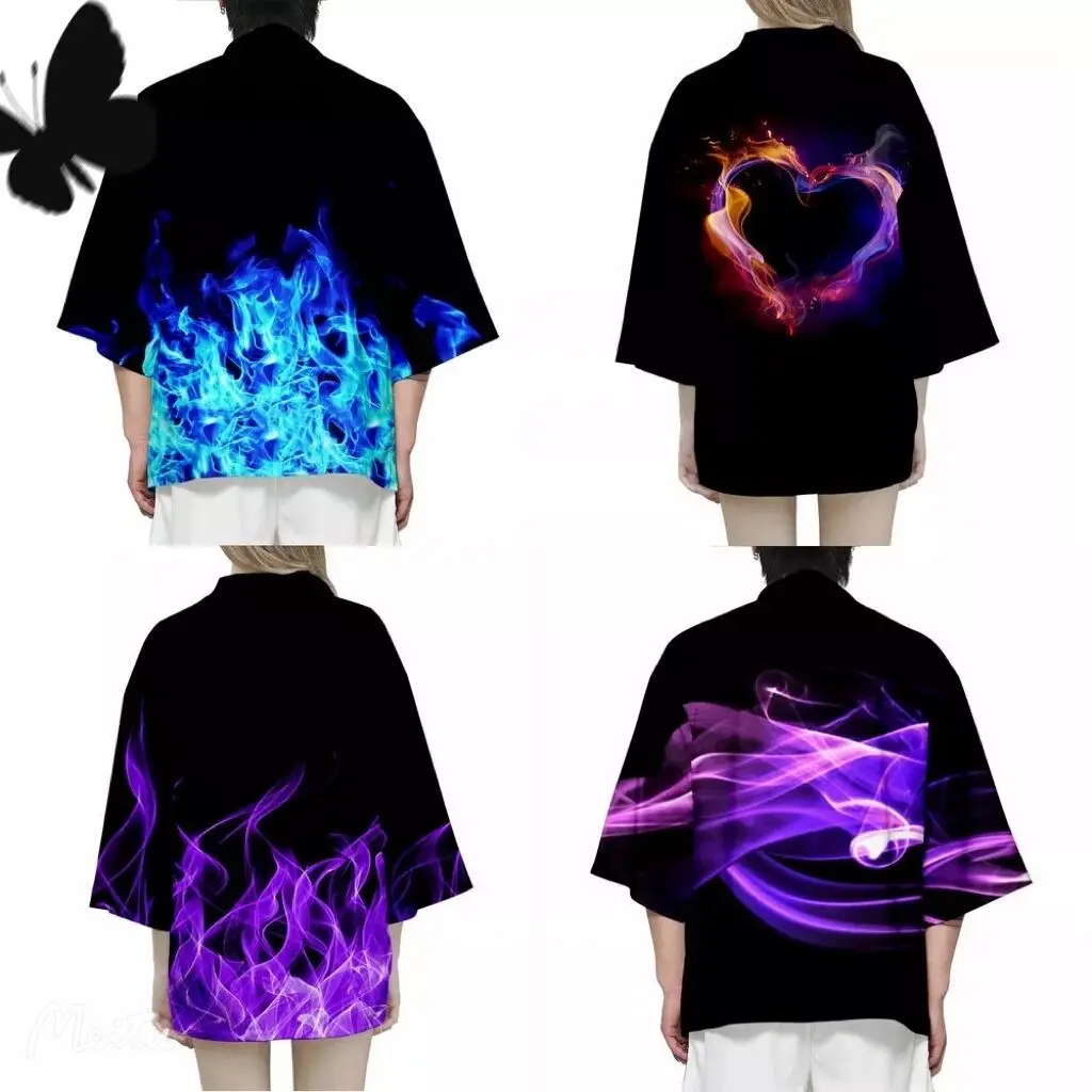 

2023 Fire Flame Cool 3D Printing Japanese Kimono Haori Yukata Cosplay Women/Men Fashion Summer Casual Short Sleeve Streetwear