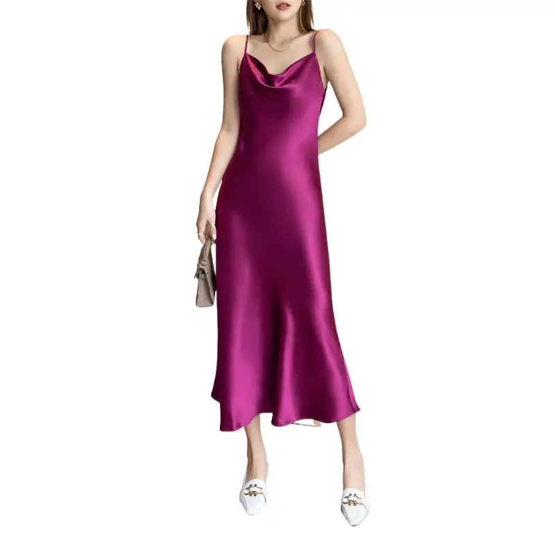 

Spring Summer Woman Spaghetti Strap silk satin Dress Sexy Wild basic Camisole Acetate satin Dresses swingwing collar party dress