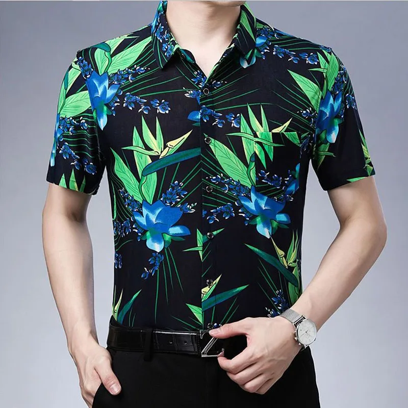 Moda manga curta masculina camisa polo-pescoço verão casual roupas masculinas tendência de impressão vintage único-breasted bolsos camisa