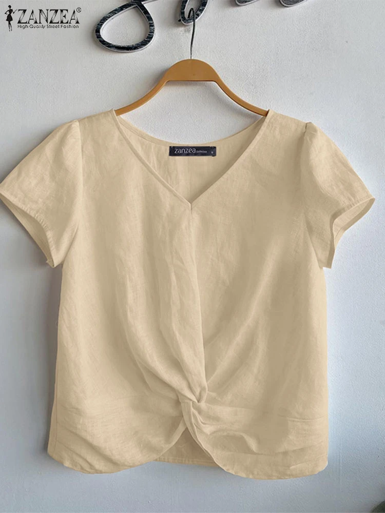 

ZANZEA Women Pleated Tops Cotton Solid Blouse 2025 Summer Pullovers Casual V Neck Tunics Oversized Loose Short Sleeve Blusas