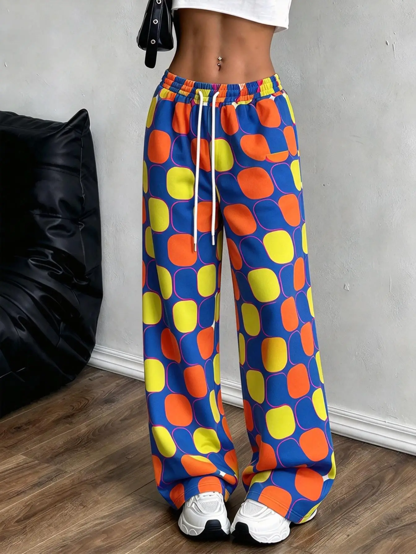 Y2K Style Ladies Low Rise Wide Leg Sweatpants Bold Color Block Checker Print Daily Trousers With Pockets