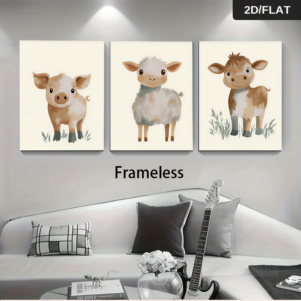 3PCS Frameless,1 set of cute farm animal triptych decorative paintings featuring piglets, sheep, calves, Nordic watercolor style