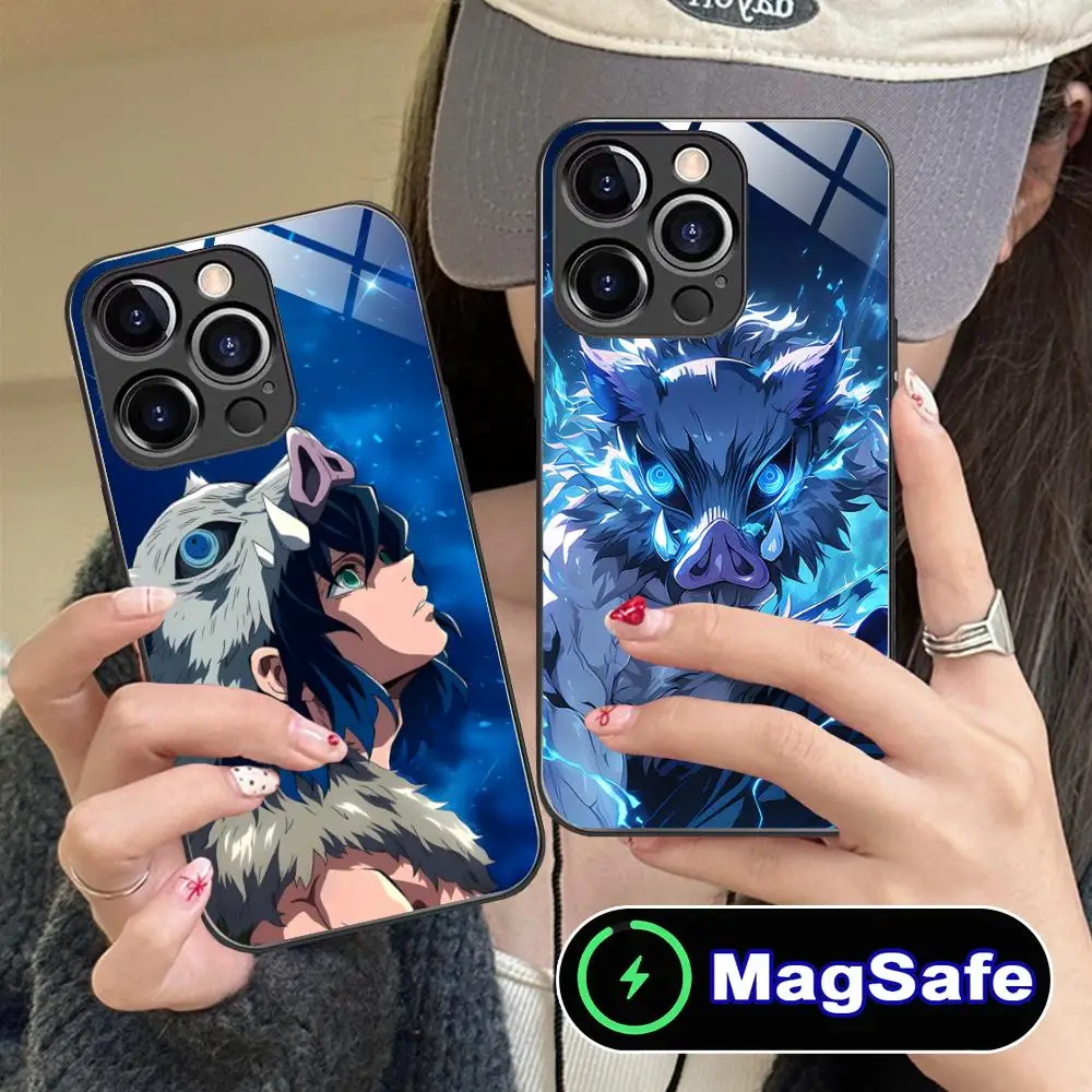 

Чехол для мобильного телефона Demon Slayer Inosuke для iPhone 16, 15, 14, 13, 12, 11 Pro Max Plus Mini MagSafe, стеклянный цветной защитный чехол, красивый