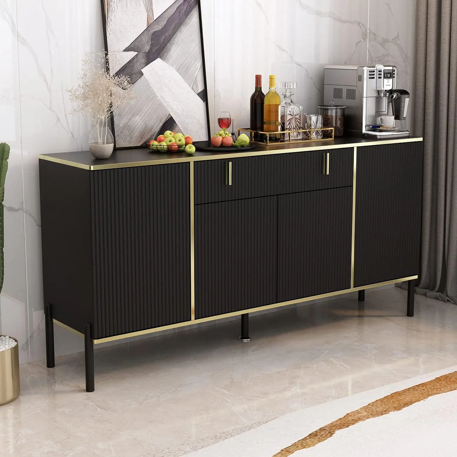 ECACAD Modern Sideboard Buffet Storage Cabinet with Ripple Doors Drawer & Storage Compartments Kitchen Cupboard Console Cabinet