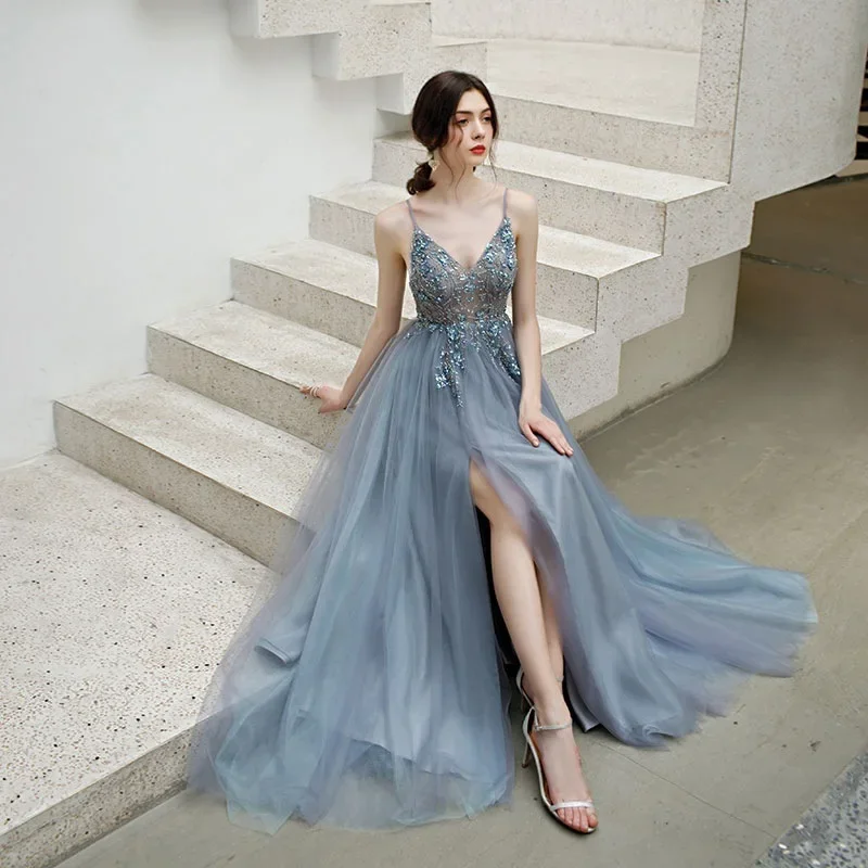 Vestido de noche largo con escote en V, traje elegante y Sexy con apliques divididos, perspectiva de tul, línea A, fiesta de graduación
