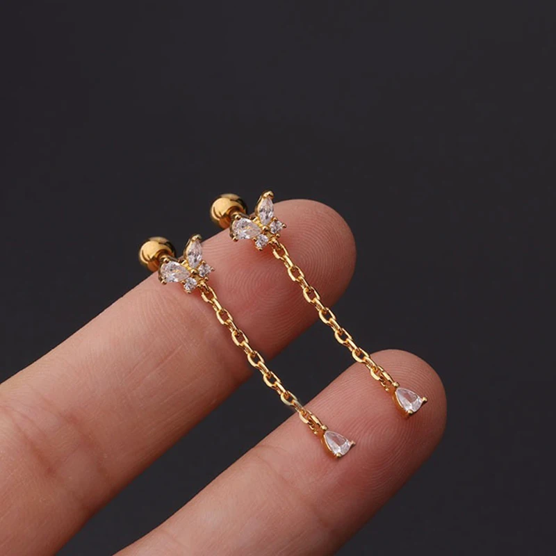 2pcs New Gold Silver Color Zircon Drop Earrings for Women Stainless Steel Small Pendant Ear Studs Piercing Jewelry Statement
