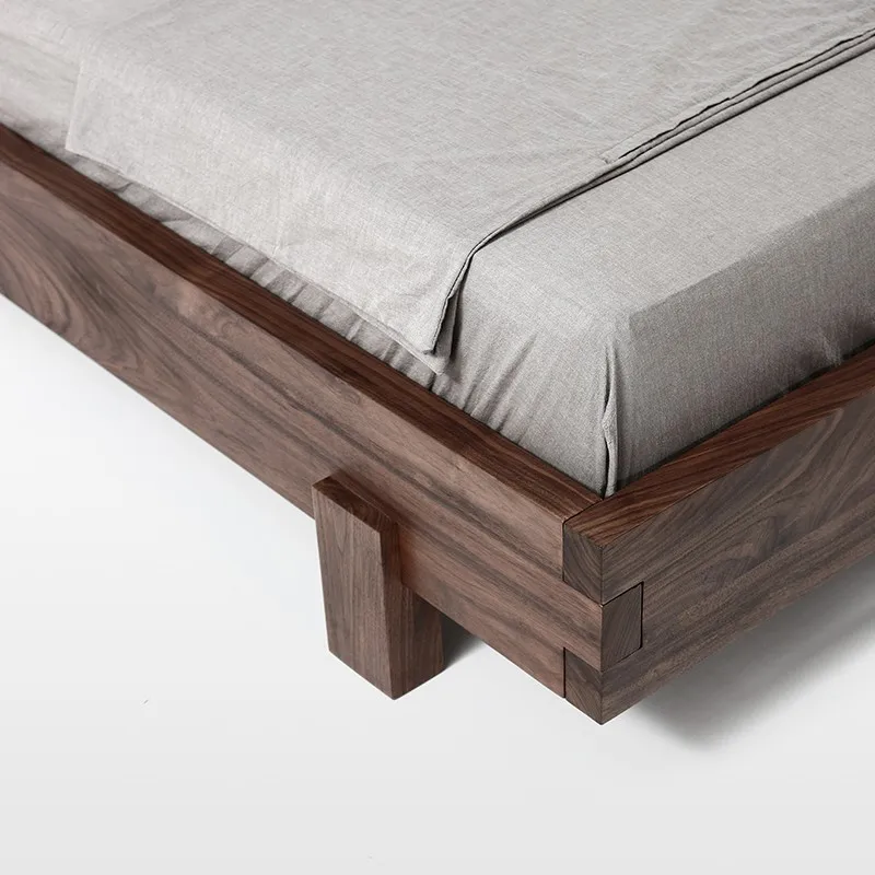 Tempat tidur ganda kayu solid Nordik, kayu walnut hitam modern sederhana, kayu oak mewah ringan, tempat tidur ganda kayu ceri untuk pernikahan