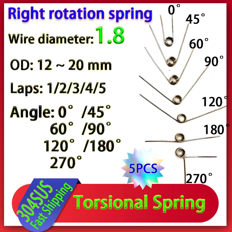 

5Pcs Wire Diameter 1.8mm Right Rotation Torsion Spring 304 Stainless Steel Torsion Spring Number of Turns 1/2/3/4/5 Turns