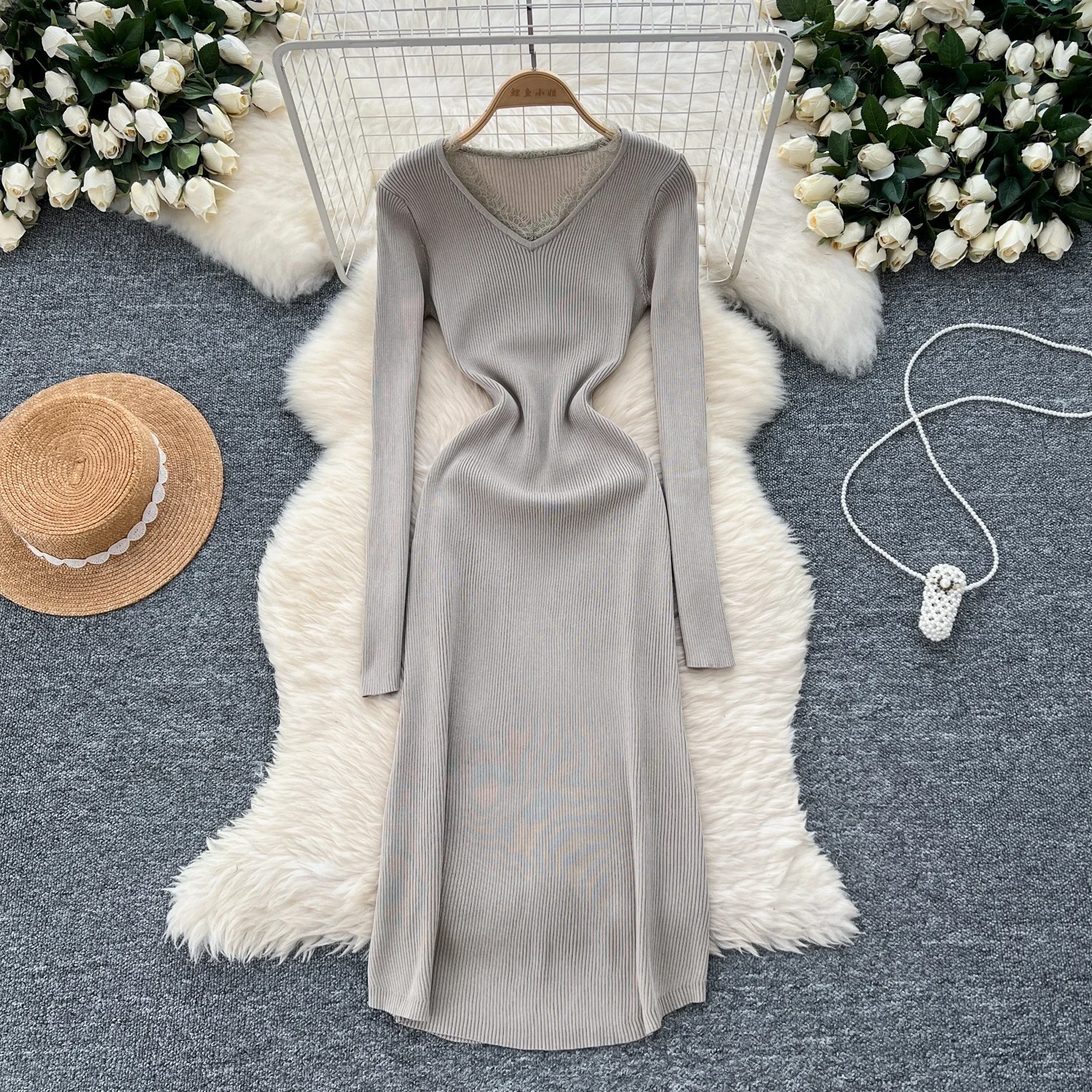 Chic Korean Knit Sexy V-neck Lace Spliced Long Sleeve Slim Dress Vintage Women High Street Evening Party Autumn Winter Clothing