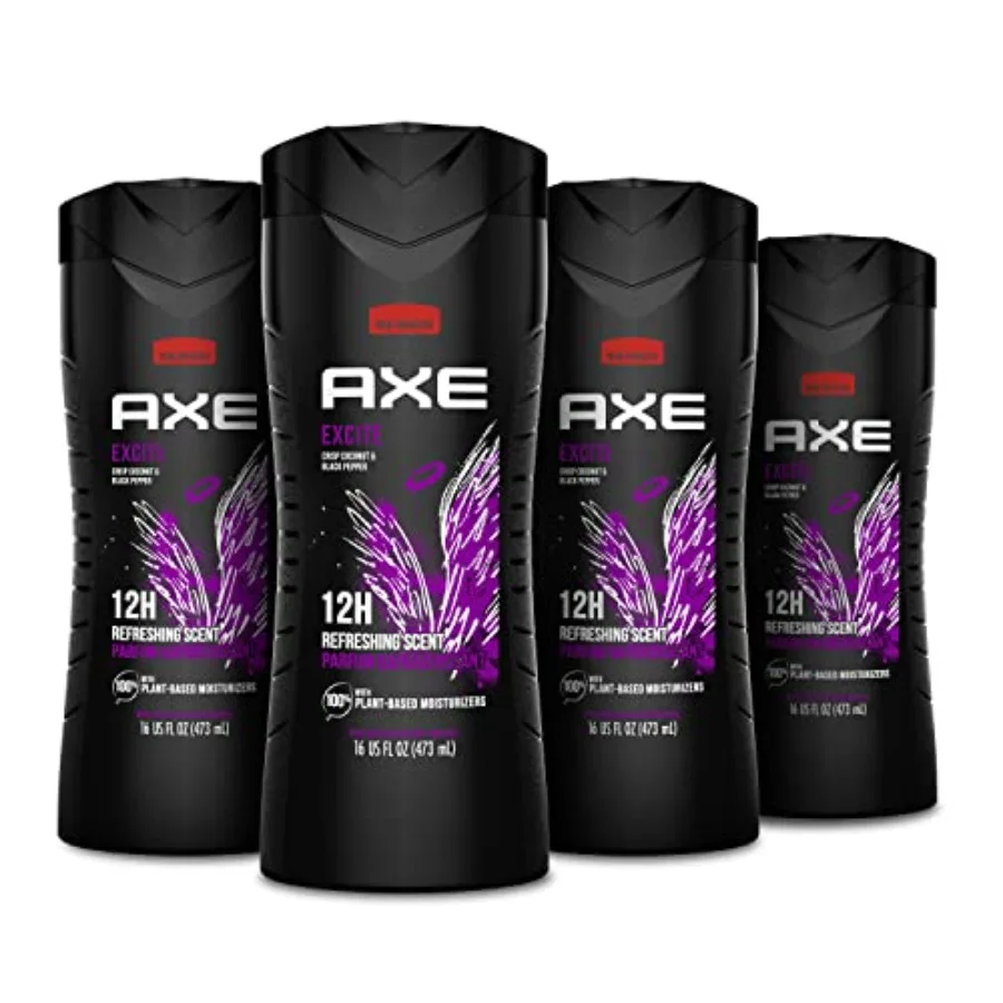 

Гель для душа AXE, 4 штуки, 12-часовое освежающее ароматизирование, отдушка Excite Crisp Coconut Black Pepper, мужской гель для душа с 100% растительными увлажняющими компонентами.